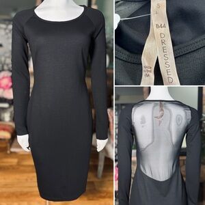 Bailey 44 Black Long Sleeve Mesh Open Back Bodycon Dress, Sz S, New with tags